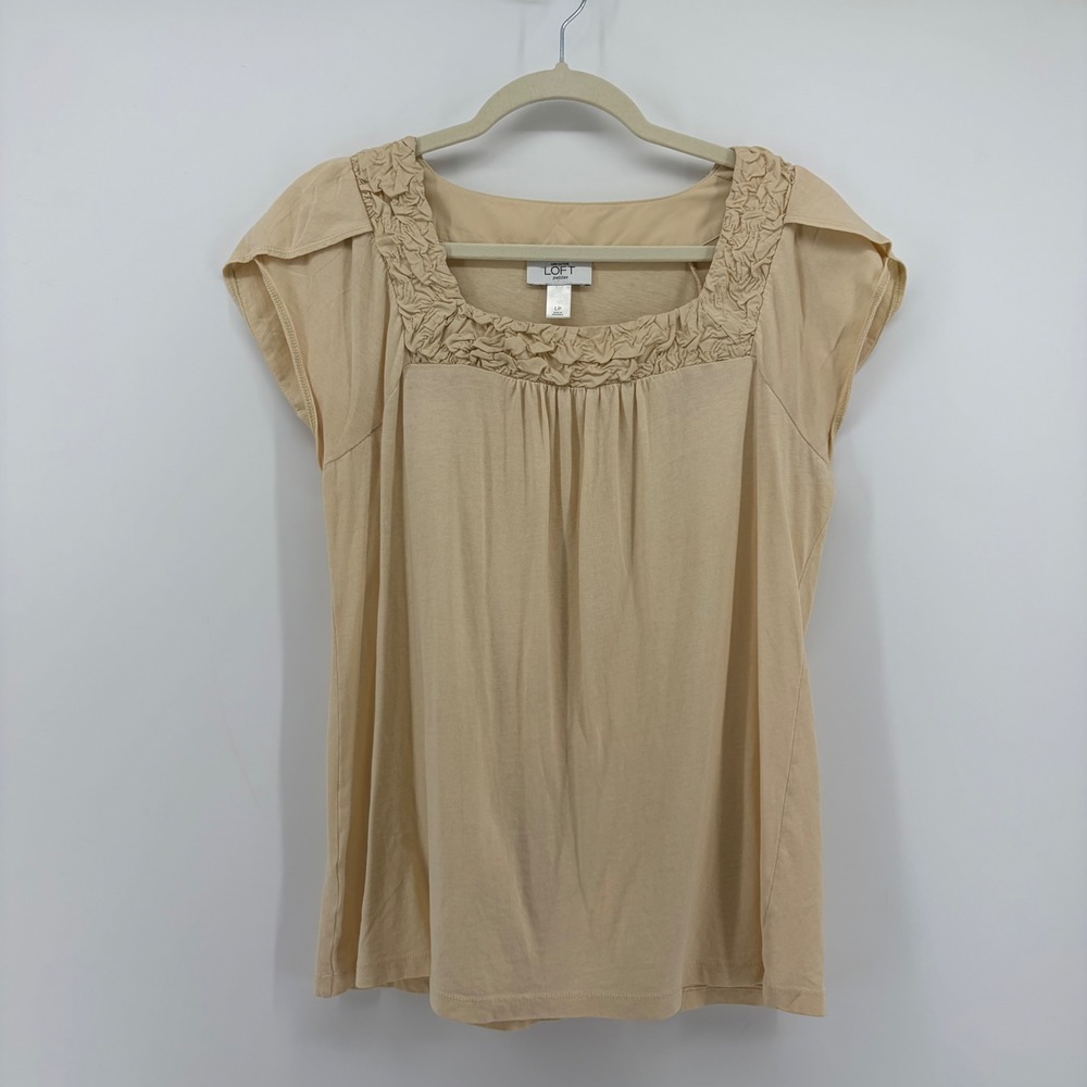 Ann Taylor Loft Womens LP Beige Cotton Ruffle Square Neck‎ Flutter Sleeve Top